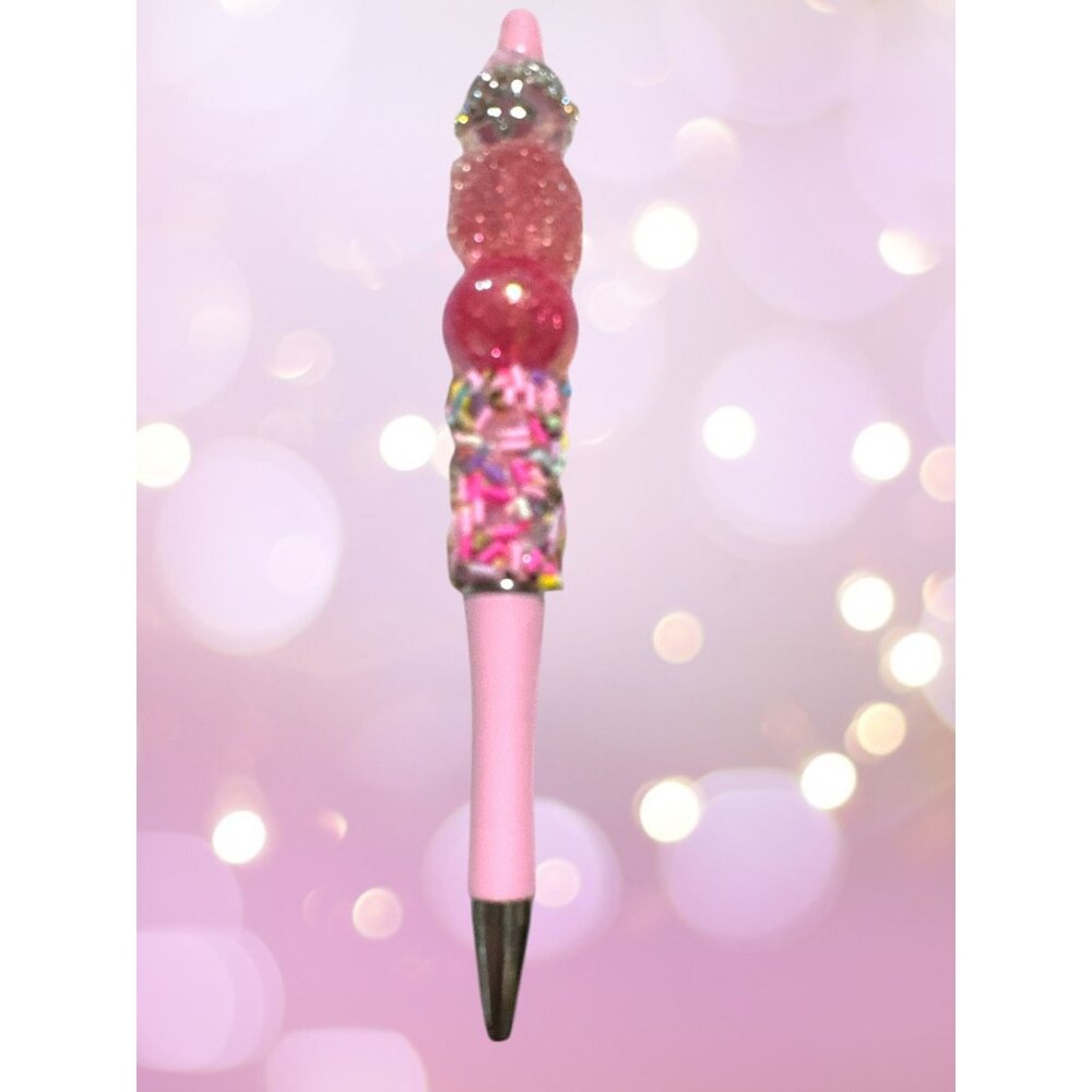 Handcrafted Pink Glitter Confetti Beaded Ballpoint Writing Pen Stationery Access